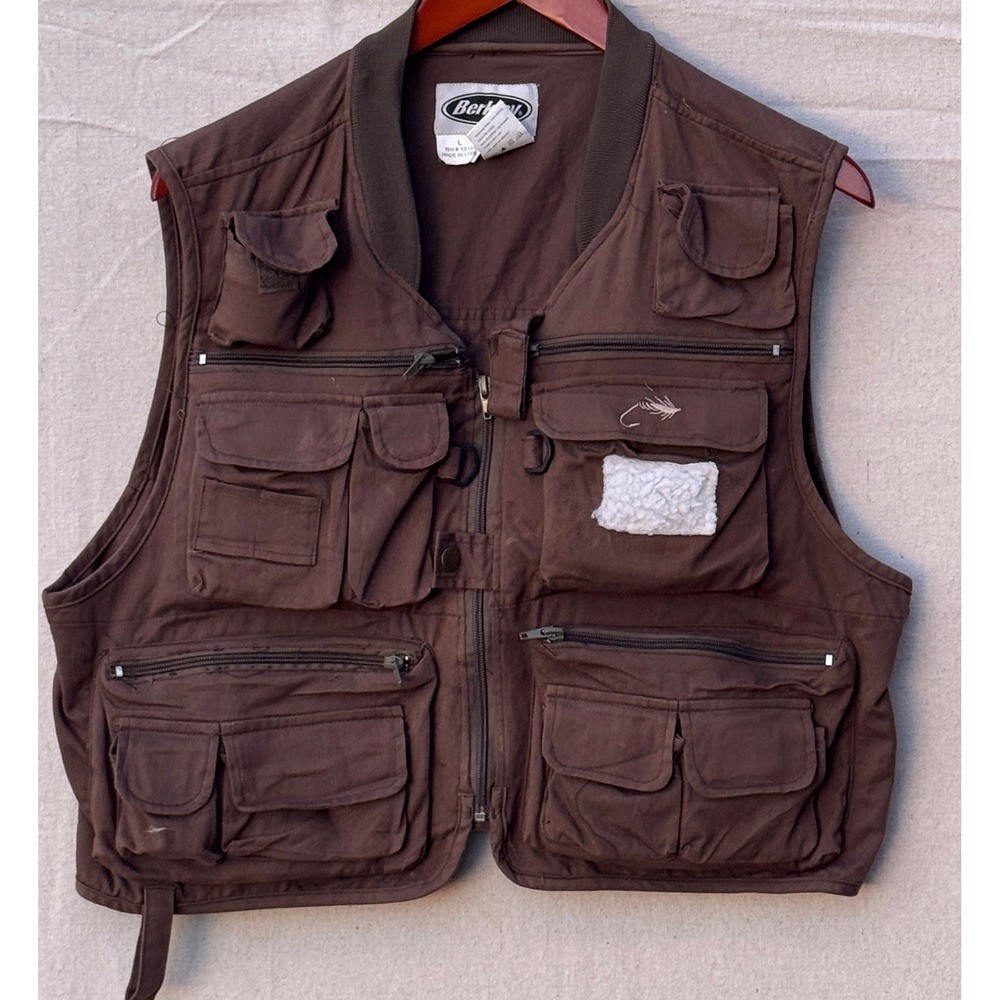 Berkley Mens Brown Cotton Canvas Fly Fishing Vest Multi-Pocket Utility Large